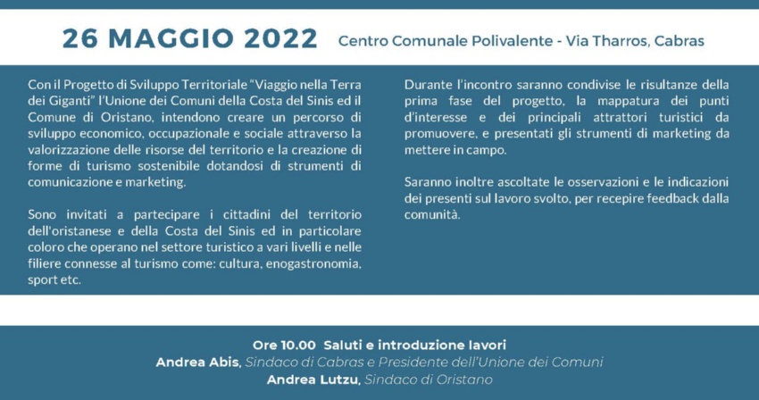 Promozione Costa del Sinis Terra dei Giganti. Il 26 maggio a Cabras si riunisce il tavolo di lavoro Promozione Costa del Sinis Terra dei Giganti. Il 26 maggio a Cabras si riunisce il tavolo di lavoro