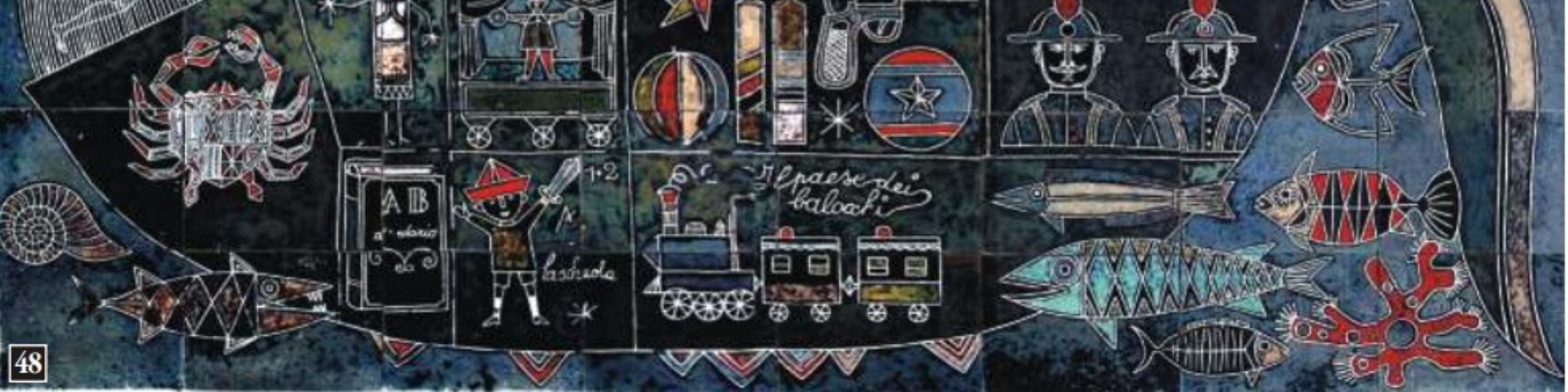 Arrigo Visani (1914-1987), «Le storie di Pinocchio», 1961, cm 112 x 195 - Oristano, Istituto comprensivo n. 2 - Via Bellini© Arrigo Visani (1914-1987), «Le storie di Pinocchio», 1961, cm 112 x 195 - Oristano, Istituto comprensivo n. 2 - Via Bellini©