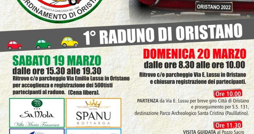 Il 19 e 20 marzo a Oristano il 1° raduno delle Fiat 500 Club Italia Il 19 e 20 marzo a Oristano il 1° raduno delle Fiat 500 Club Italia