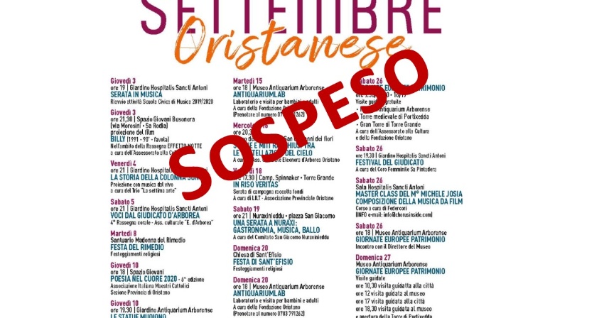 Settembre oristanese - Sospese le manifestazioni culturali e di spettacolo Settembre oristanese - Sospese le manifestazioni culturali e di spettacolo
